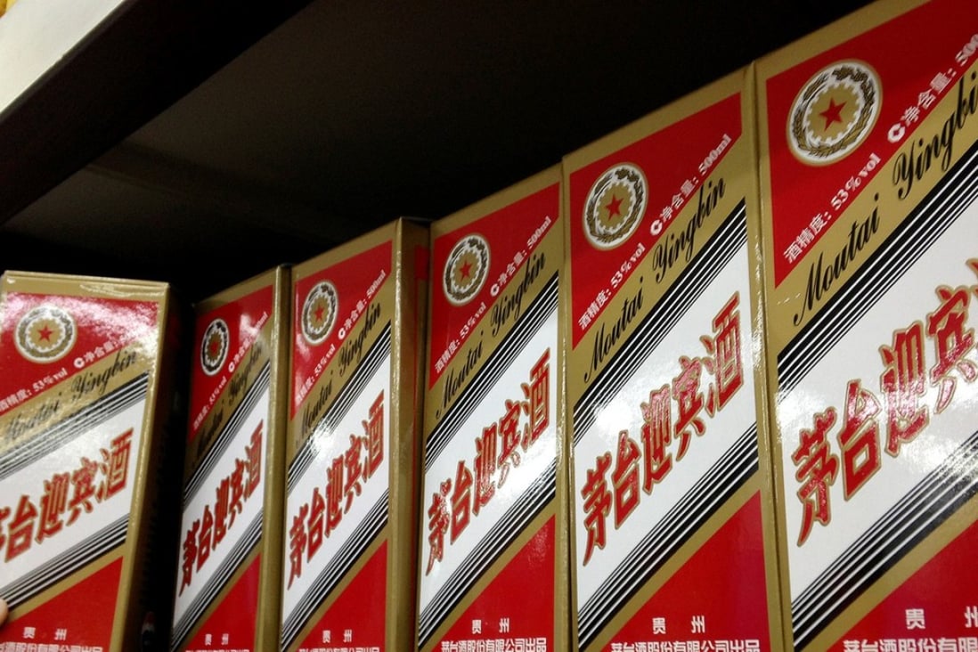 Kweichow Moutai Liquor at a supermarket in Beijing. In recent months, people have started hoarding the product with the expectation that demand for it will grow as the Chinese government’s crackdown on extravagant spending eases. Photo: Xinhua
