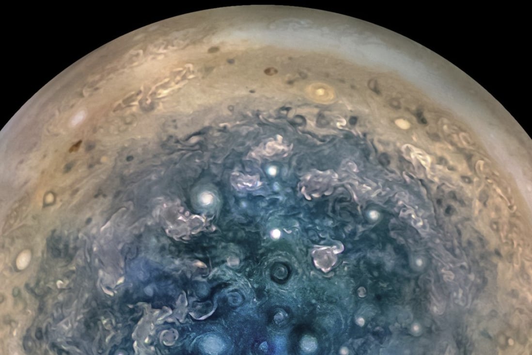 Nasa’s Juno spacecraft captures this image showing Jupiter's south pole. The oval features are cyclones, up to 600 miles (1,000 kilometres) in diameter. The cyclones are separate from Jupiter's trademark Great Red Spot, a raging hurricane-like storm south of the equator. The composite, enhanced color image was made from data on three separate orbits. Photo: Nasa
