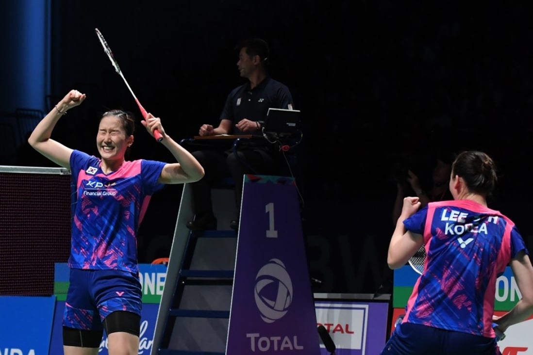 South Korea’s Chang Ye-na (left) and Lee So-hee celebrate after the women’s doubles match against China’s Chen Qingchen and Jia Yifan. Photo: Xinhua