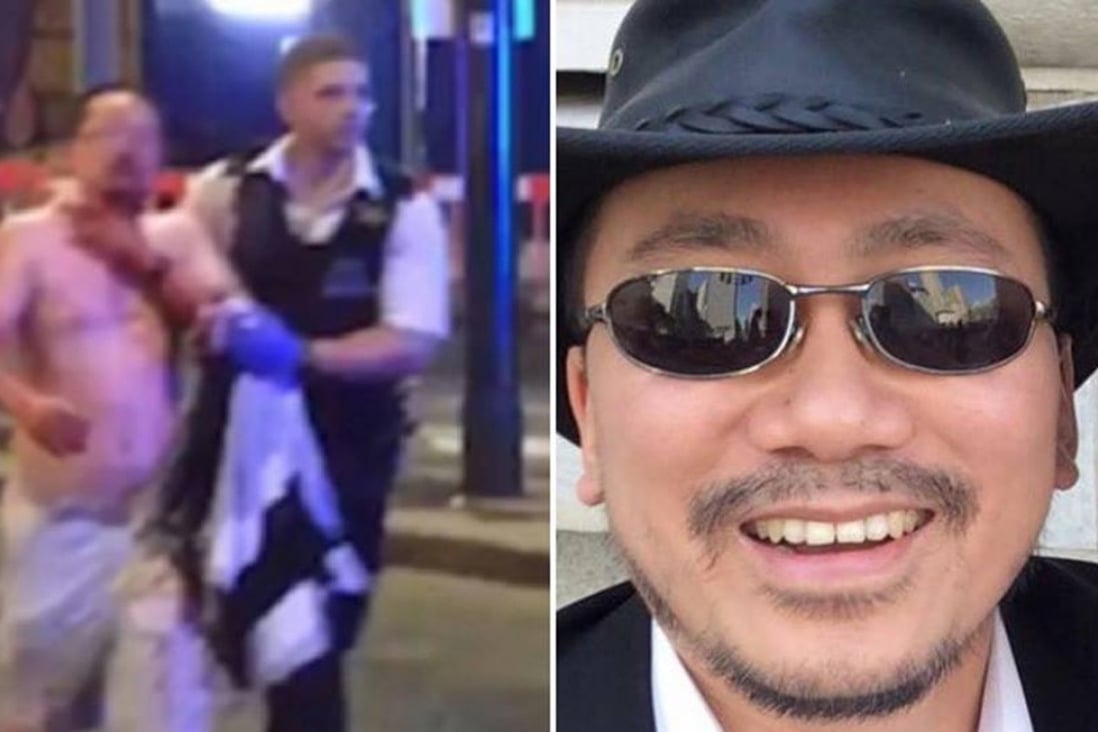 A combination of photos shows Sunday Express journalist and martial artist Geoff Ho. On the left, he is seen in a still taken from video showing him bleeding heavily from the neck, being helped by a police officer, after being stabbed by a terrorist attacker in Borough Market on Saturday night. Photos: Supplied / Facebook