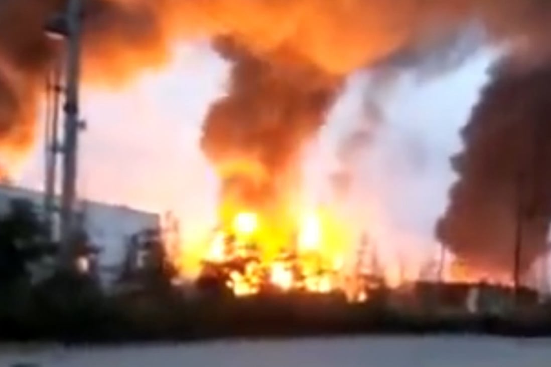 Flames and smoke seen rising from the plant in Shandong province. Photo: Handout