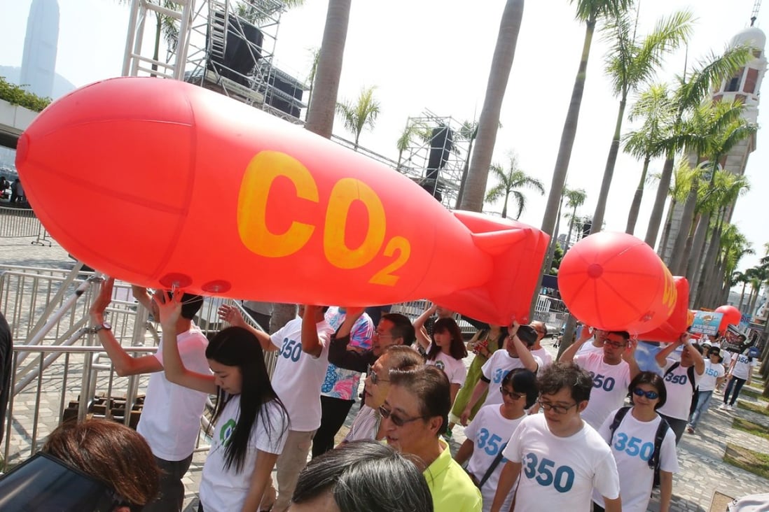 Members of environmental group HK350 hold up balloons in the shape of atomic bombs to highlight the looming carbon catastrophe, as they march down the Tsim Sha Tsui promenade, last July 31. Photo: Felix Wong