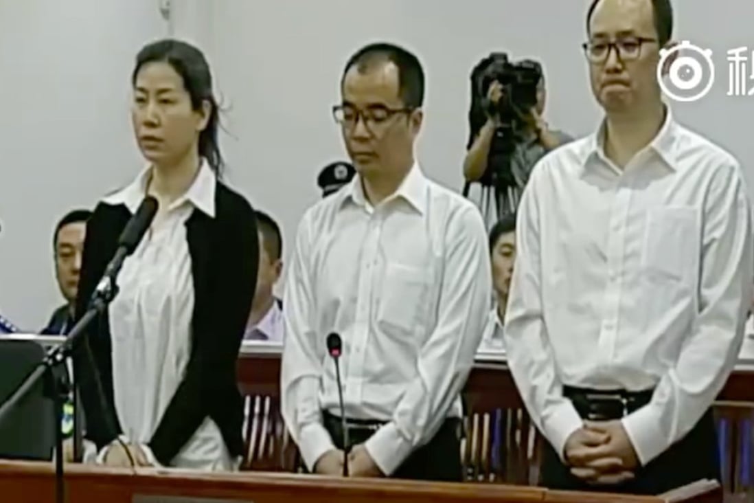 The three employees, Yang Ying (left), Xie Honglin (centre) and Lu Tao pictured during an earlier court hearing in Dalian. Photo: Handout