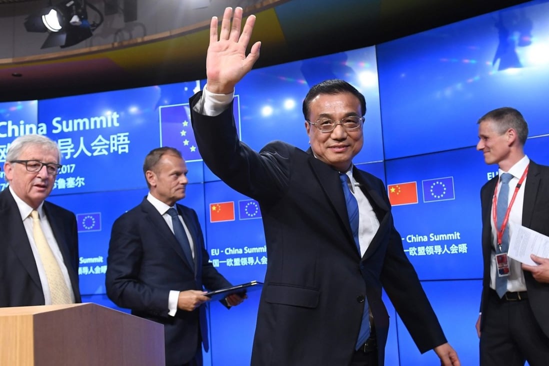 Premier Li Keqiang leaves a press conference with (from left) European Commission President Jean-Claude Juncker and European Council President Donald Tusk, following an EU-China summit, in Brussels on June 2. The EU and China are increasing cooperation to fight climate change after the US pulled out of the Paris Agreement. Photo: AFP