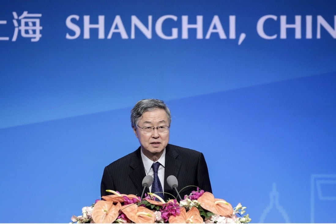 Zhou Xiaochuan, governor of the People’s Bank of China, speaks at the Lujiazui Forum in Shanghai on Tuesday. Photo: Bloomberg
