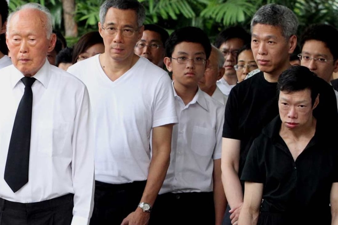The late Singaporean statesman Lee Kuan Yew, left, his sons Lee Hsien Loong (second left) and Lee Hsien Yang (second right), and daughter Lee Wei Ling (right). Photo: Straits Times