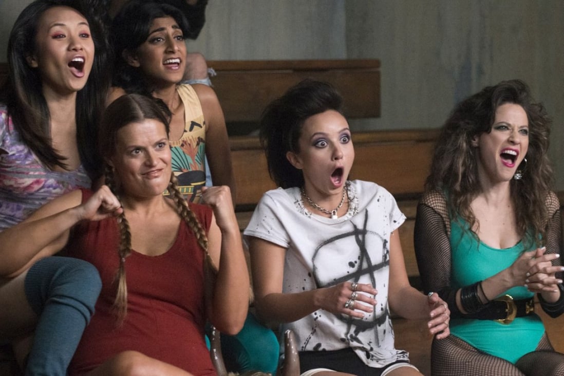 Ellen Wong, Marianna Palka, Sunita Mani, Britt Baron and Jackie Tohn in a still from Glow. Photo: Erica Parise, Netflix