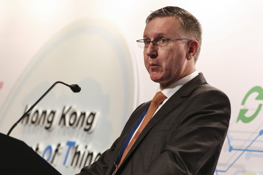 President of the Hong Kong Internet of Things Industry Advisory Council, Robert Burton, speaks during the Hong Kong IoT Conference 2017 on Wednesday. Photo: Jonathan Wong