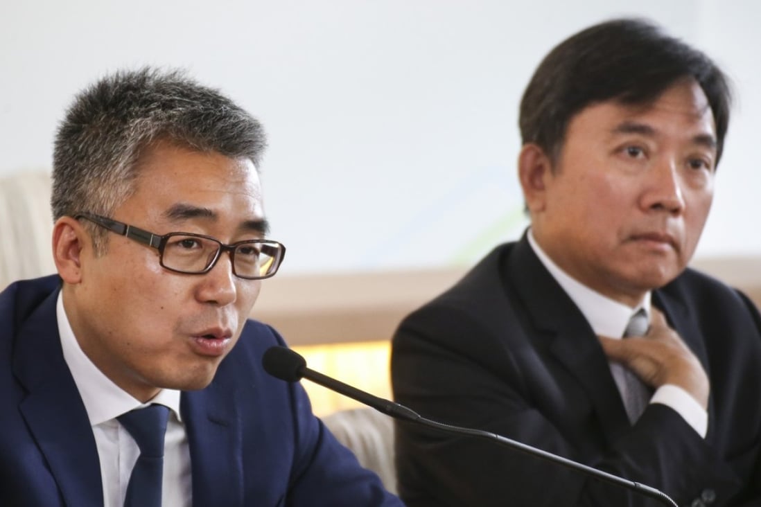 Television Broadcasters vice chairman Li Ruigang (left), and chairman Charles Chan, addressed the media during a press conference following the shareholders’ annual general meeting on Thursday. Photo: Felix Wong