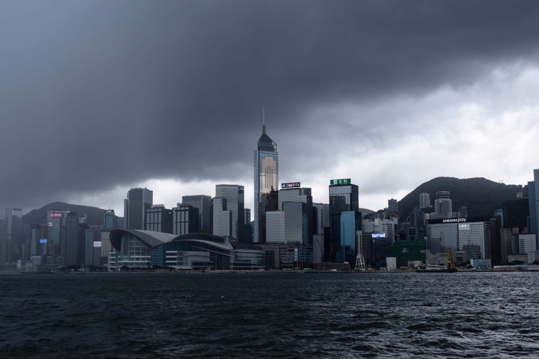 Storm clouds gather above Hong Kong as tropical cyclone Merbok approaches on June 12, the last time the city’s observatory issued a No.8 signal. Photo: AFP