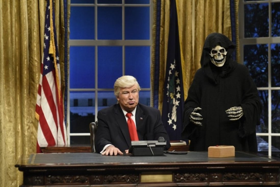 Alec Baldwin, left, plays President Donald Trump during the cold open of Saturday Night Live on February 4. Photo: Will Heath / NBC.
