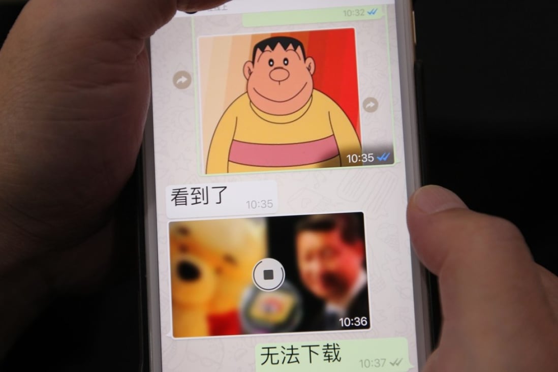 A WhatsApp user in Beijing could receive a clear image of Japanese cartoon character Takeshi Goda but a photo of China’s President Xi Jinping juxtaposed against Winnie the Pooh could be seen only in its pixelated form. Photo: Simon Song