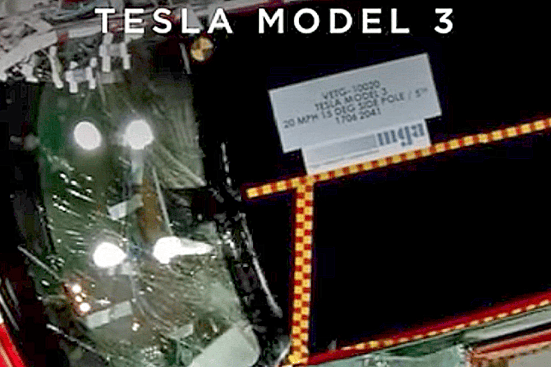 A view of the Tesla Model 3's side-impact pole crash test. Photo: Tesla/YouTube
