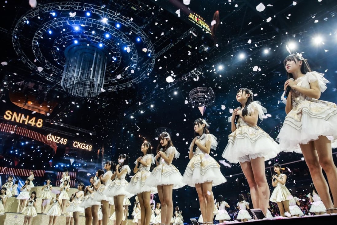 Young idol hopefuls take part in the SNH48 concert and elections at Shanghai’s Mercedes-Benz Arena on July 28. Photo: SNH48 Group
