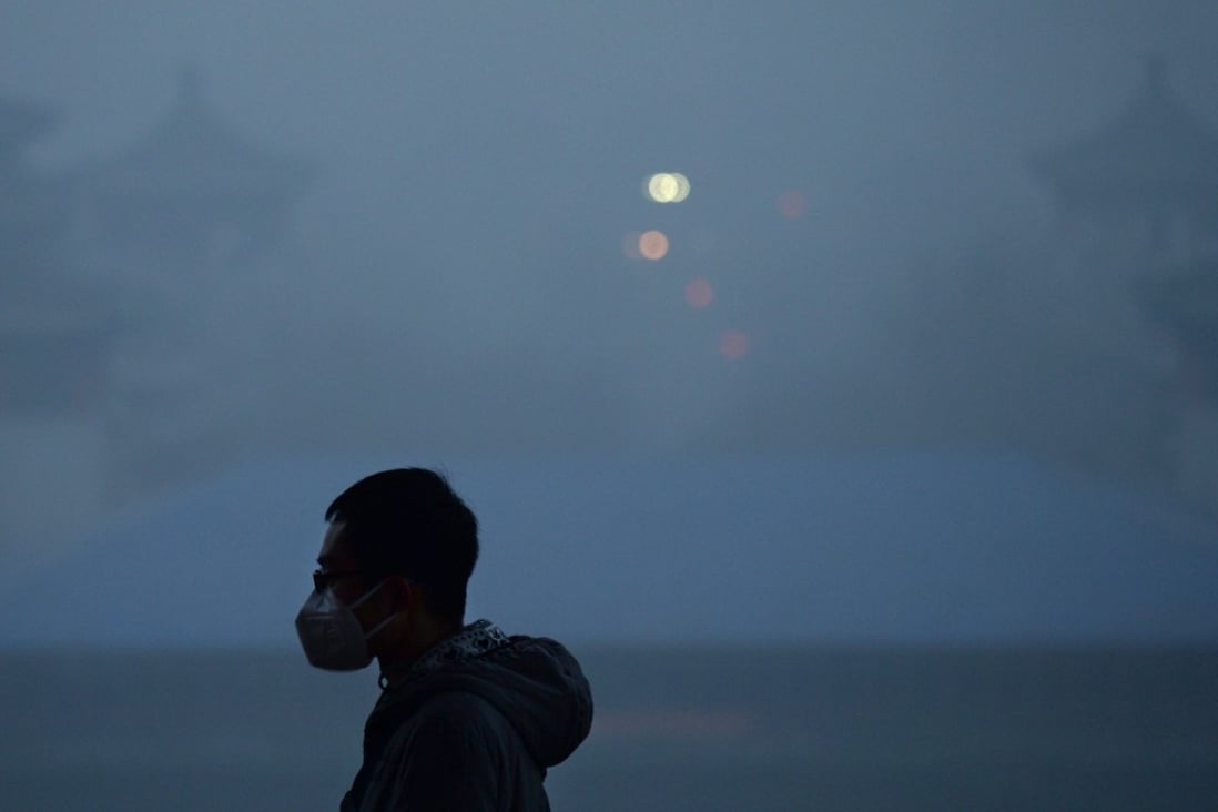 A man wearing a mask in a park amid heavy air pollution in Beijing. The PBOC estimates that an annual investment of 2 to 4 trillion yuan will be required to address climate change issues. Photo: AFP