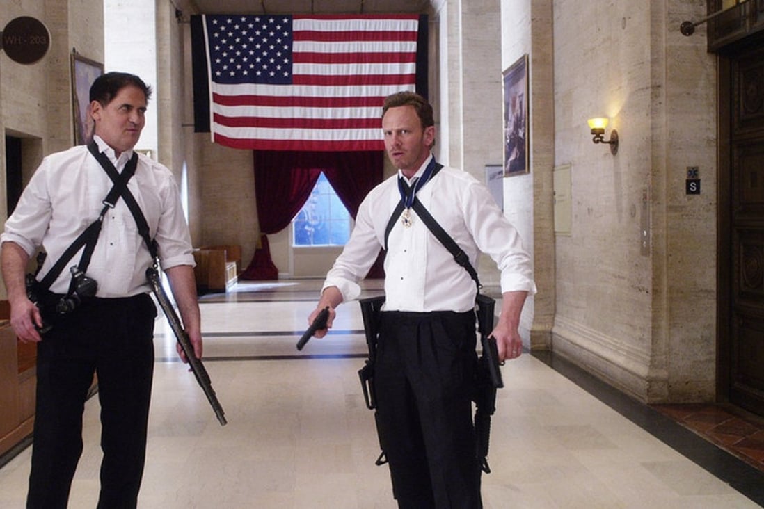 Mark Cuban, as President of the United States, and Ian Ziering in Sharknado 3: Oh Hell No!. Donald Trump had initially agreed to play the president. Photo: The Global Asylum/Syfy