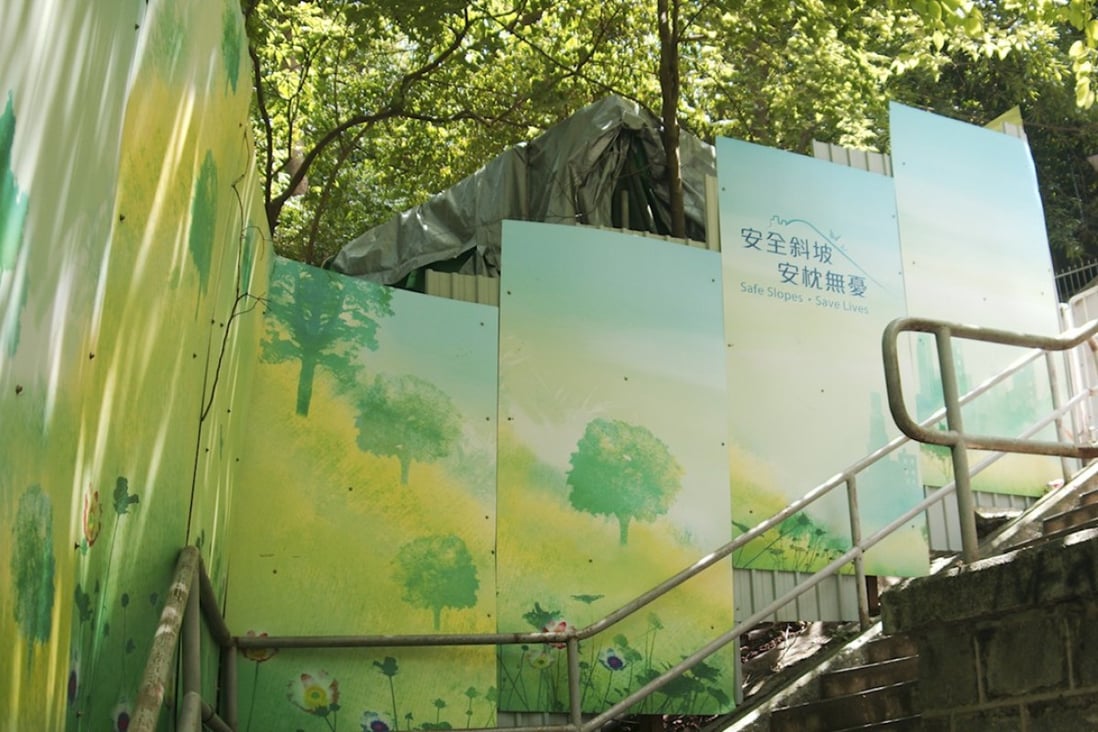 “Greening” fence panels at a CEDD site in Ice House Street in Hong Kong. Photo: Stuart Heaver