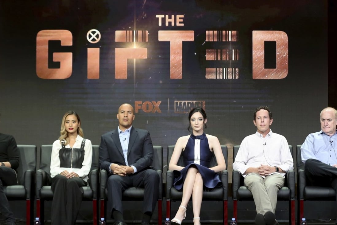 Cast members of The Gifted (from left) Stephen Moyer, Jamie Chung, Coby Bell, Emma Dumont, show runner Matt Nix and Marvel Television head Jeph Loeb participate in a panel discussion with television critics in Beverly Hills. Photo: AP