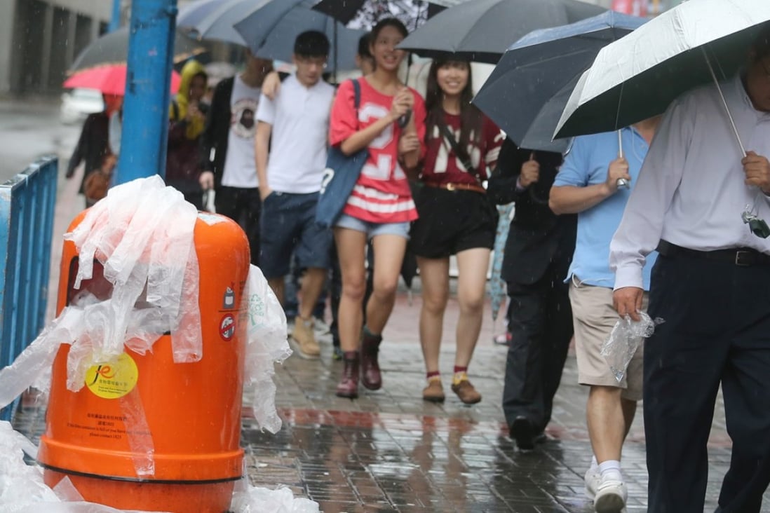 Greeners Action estimates that people will be handed 41 million umbrella bags at entrances to malls, commercial buildings and government facilities this summer. Photo: David Wong