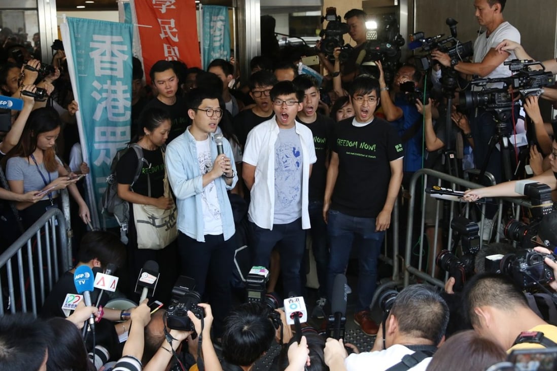 (Left to right) Nathan Law, Joshua Wong and Alex Chow were all jailed over the protest in 2014. Photo: Sam Tsang