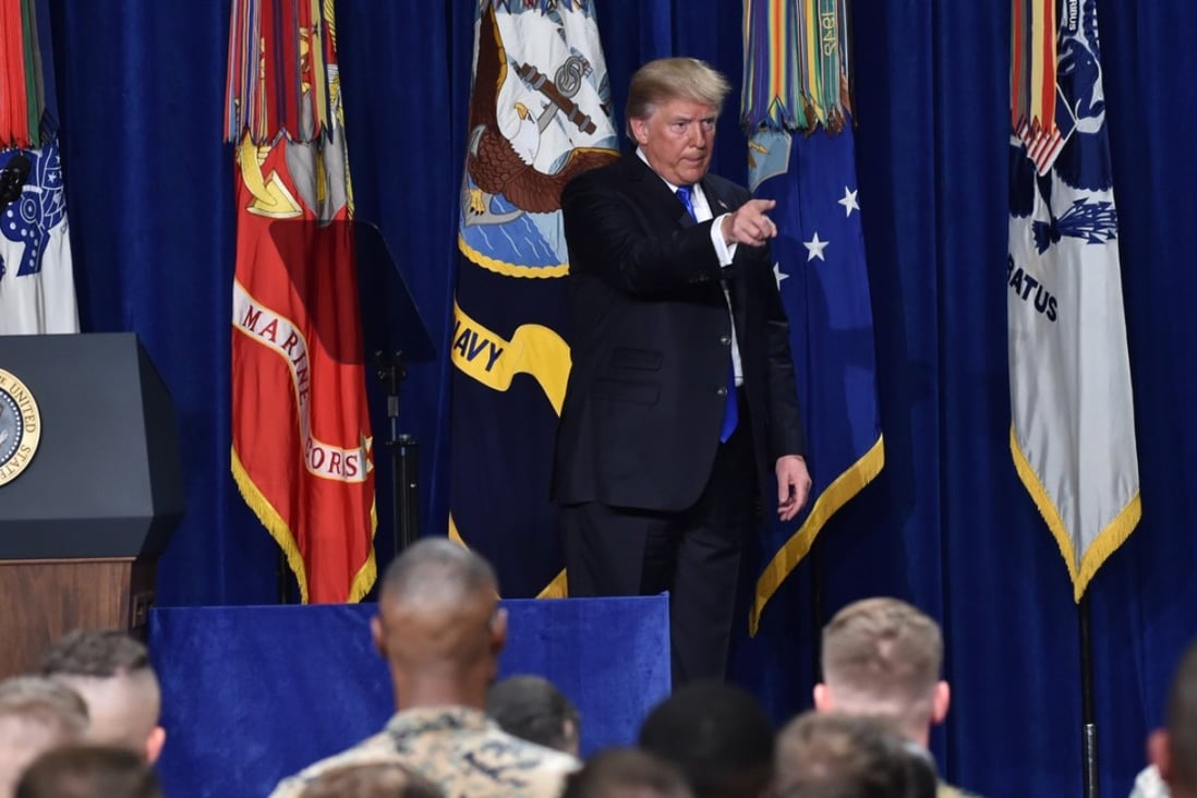 US President Donald Trump gives a speech at Fort Myer in which he said Washington would no longer tolerate Pakistan offering ‘safe havens’ to terrorists. Photo: AFP