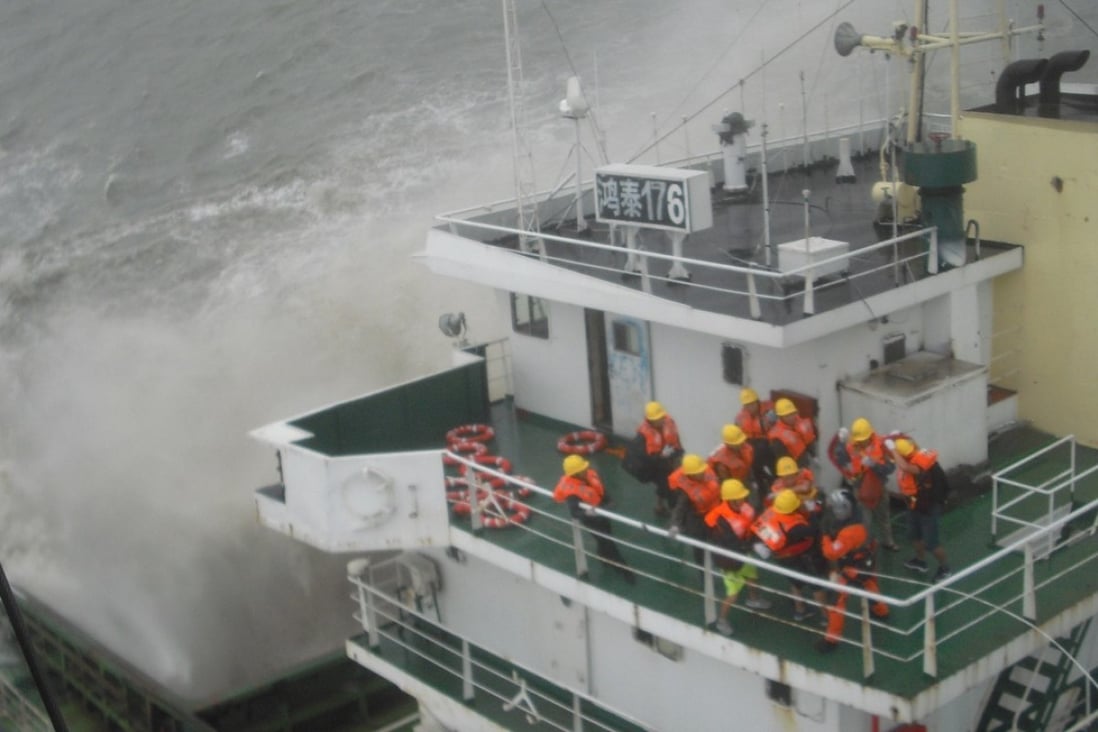 The Government Flying Service sent staff to rescue crew members aboard the Hong Tai 176 in waters east of Hong Kong on Sunday. Photo: Handout