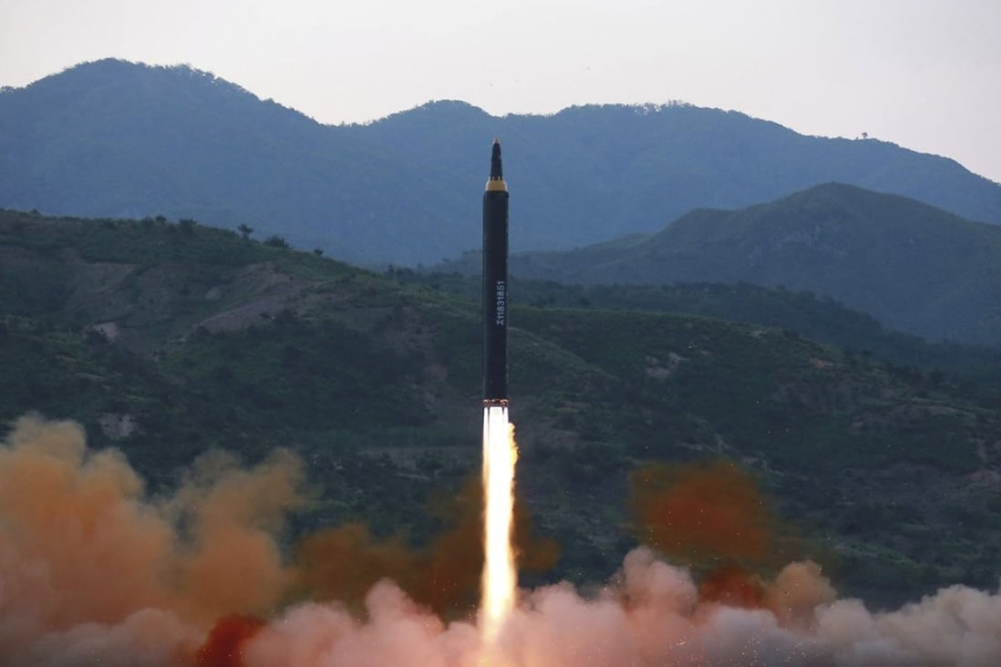 A North Korean "Hwasong-12” ballistic missile. Japan’s Defence Minster Itsunori Onodera said that Tuesday’s missile did not fly on a highly “lofted” trajectory and could be the same type as intermediate-range missile Hwasong-12, which Pyongyang fired on May 14. File photo: AP