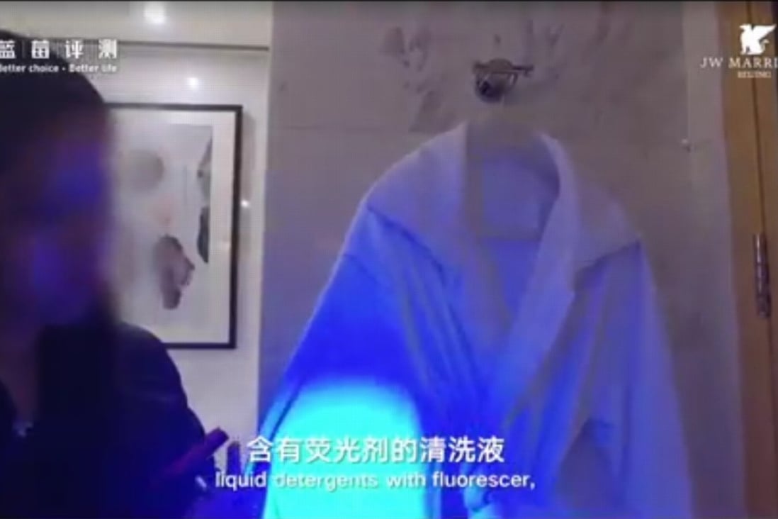 A researcher carries out hygiene checks in a five-star hotel room in this image taken from the consumer rights group’s video. Photo: Handout
