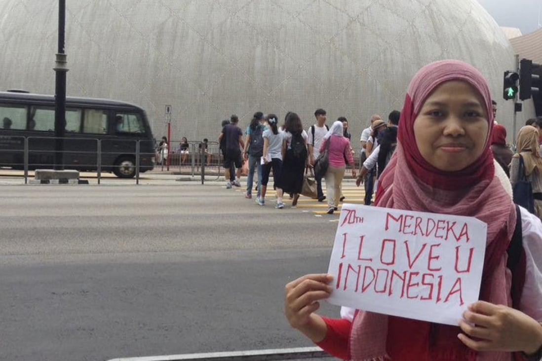 Former Indonesian domestic helper Fera Nuraini, who left Hong Kong in 2015, outside the Space Museum in Tsim Sha Tsui.
