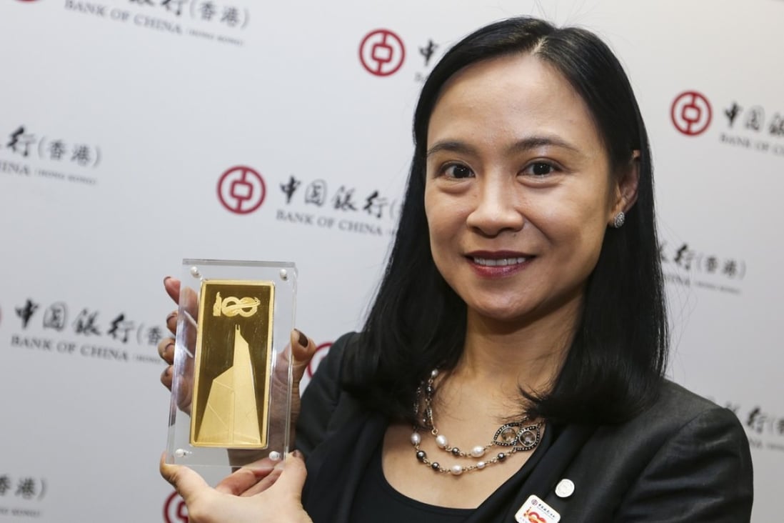 An image of the Bank of China Tower, designed by renowned architect I.M. Pei, is engraved on the commemorative 1 kilo gold bars to mark Bank of China Hong Kong’s 100th anniversary. The bank’s head of treasury product division Winnie Cheung Wing-sze. Photo: David Wong