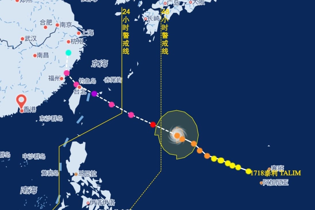 The projected path of Typhoon Talim is shown in this screen grab of a satellite image taken from the China Meteorological Administration’s website. Photo: Handout