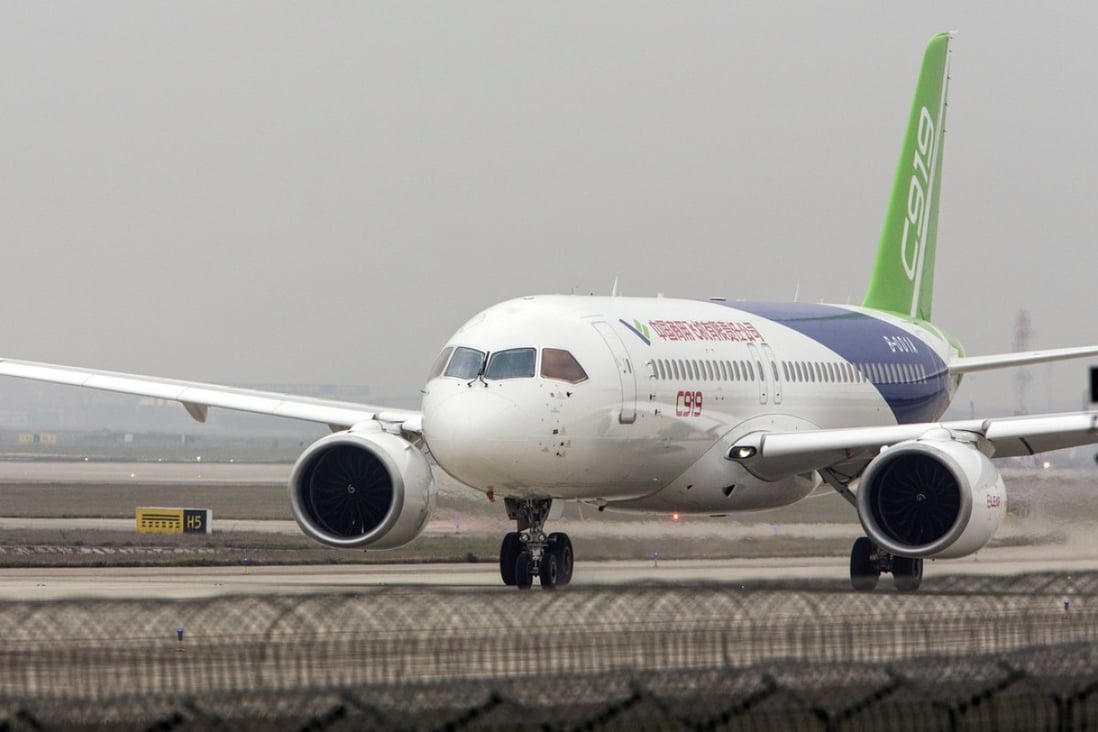A Comac C919 aircraft taxis after landing at Pudong International Airport in Shanghai on May 5, 2017. Photo: Bloomberg