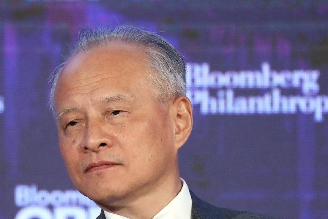 Chinese Ambassador to the US Cui Tiankai speaks in a discussion titled: 'China's Belt Road Initiative and the Changing Landscape of Global Commerce' during the inaugural Bloomberg Global Business Forum in New York. Photo: EPA