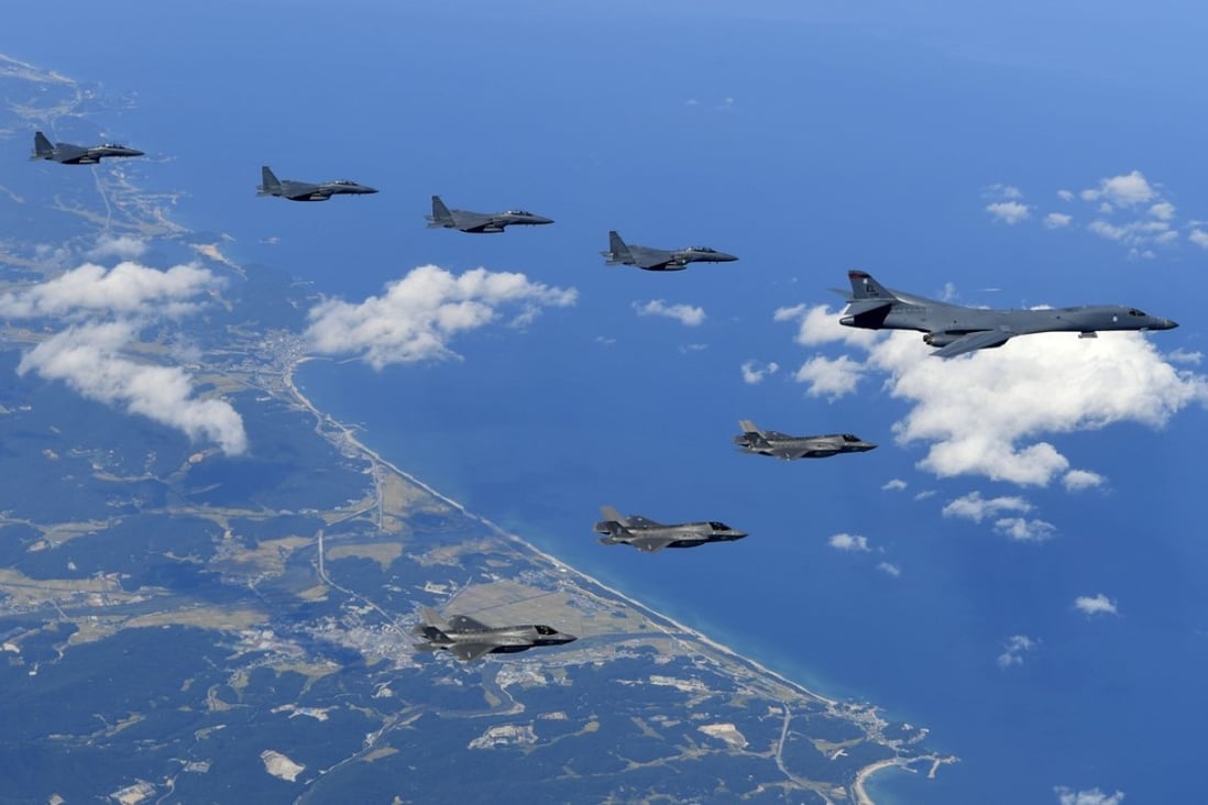 A US Air Force B-1B bomber, F-35B stealth fighter jets and South Korean F-15K fighter jets fly over the Korean Peninsula during joint drills this week. Photo: South Korea Defence Ministry via AP