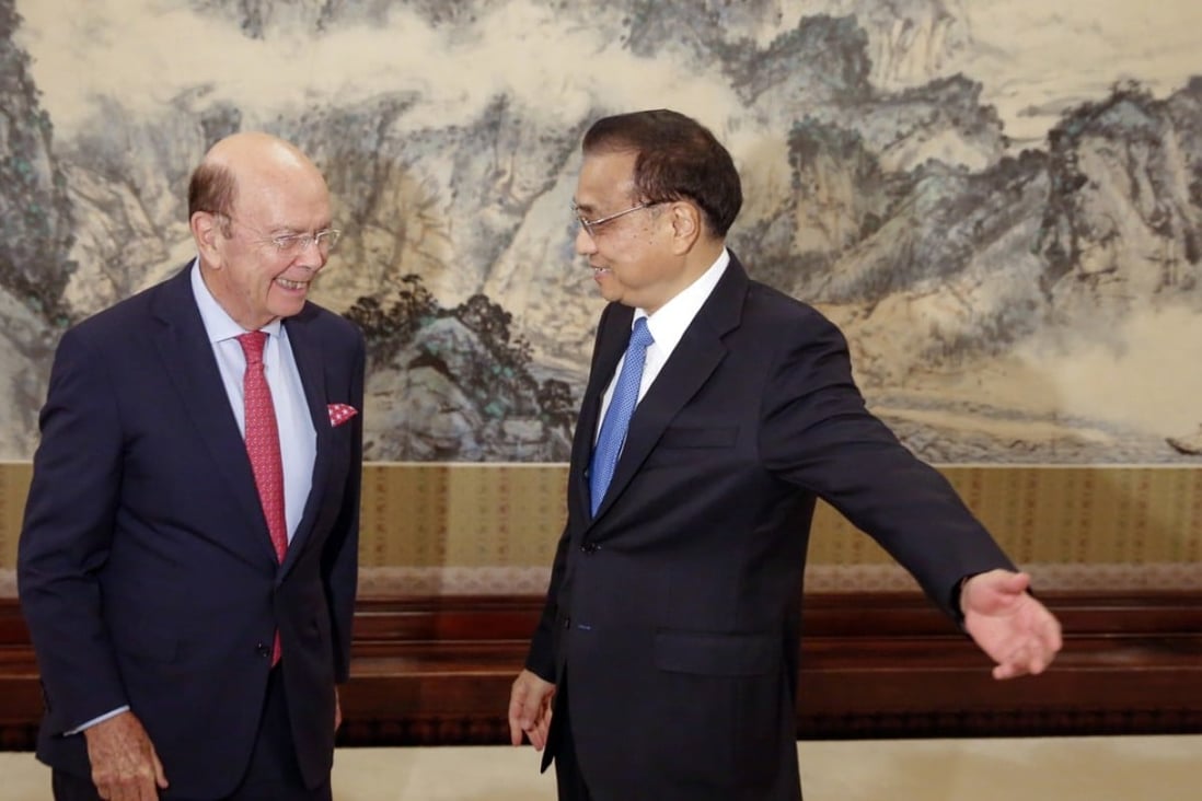 US Secretary of Commerce Wilbur Ross (left) meets Chinese Premier Li Keqiang at the Zhongnanhai state guest house in Beijing on Monday. Photo: AP
