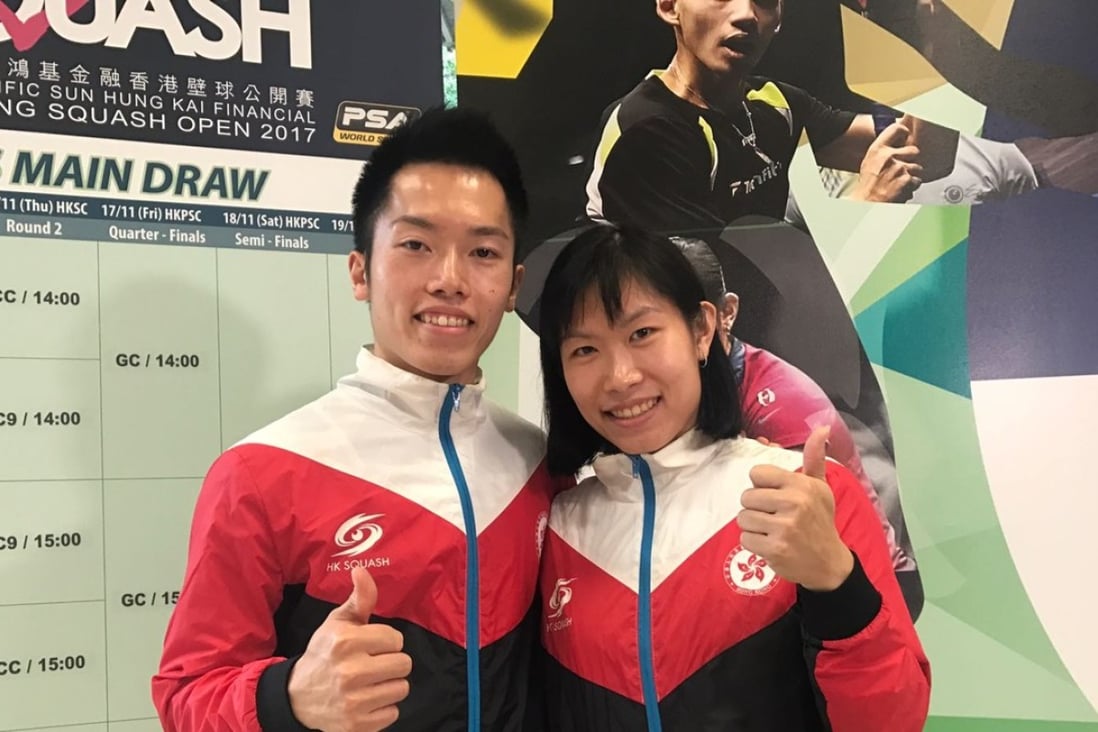 Leo Au and Annie Au gives the Hong Kong Squash Open the thumbs up during Wednesday’s draw. Photo: Andrew McNicol