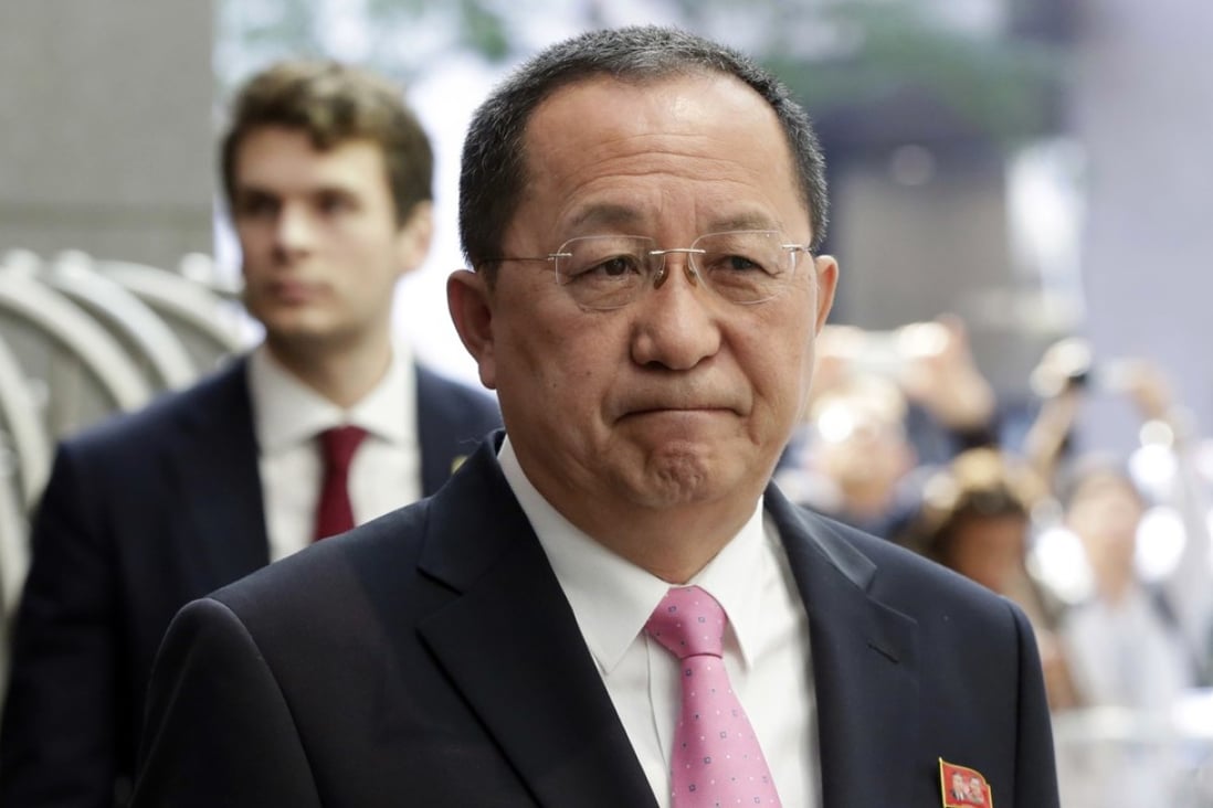 North Korea's Foreign Minister Ri Yong-ho speaks outside the UN Plaza Hotel, in New York. Photo: AP