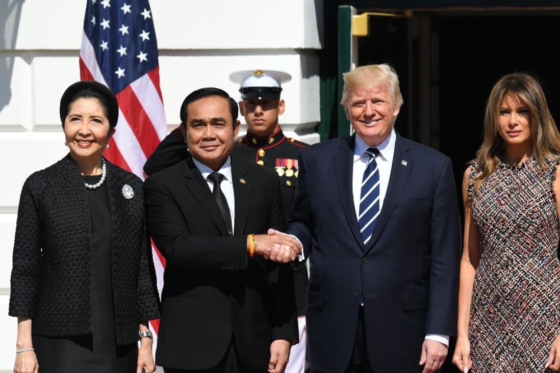 US President Donald Trump (second right) and First Lady Melania Trump greet Thai Prime Minister Prayuth Chan-ocha and wife Naraporn Chan-ocha at the White House on Monday. Photo: Xinhua