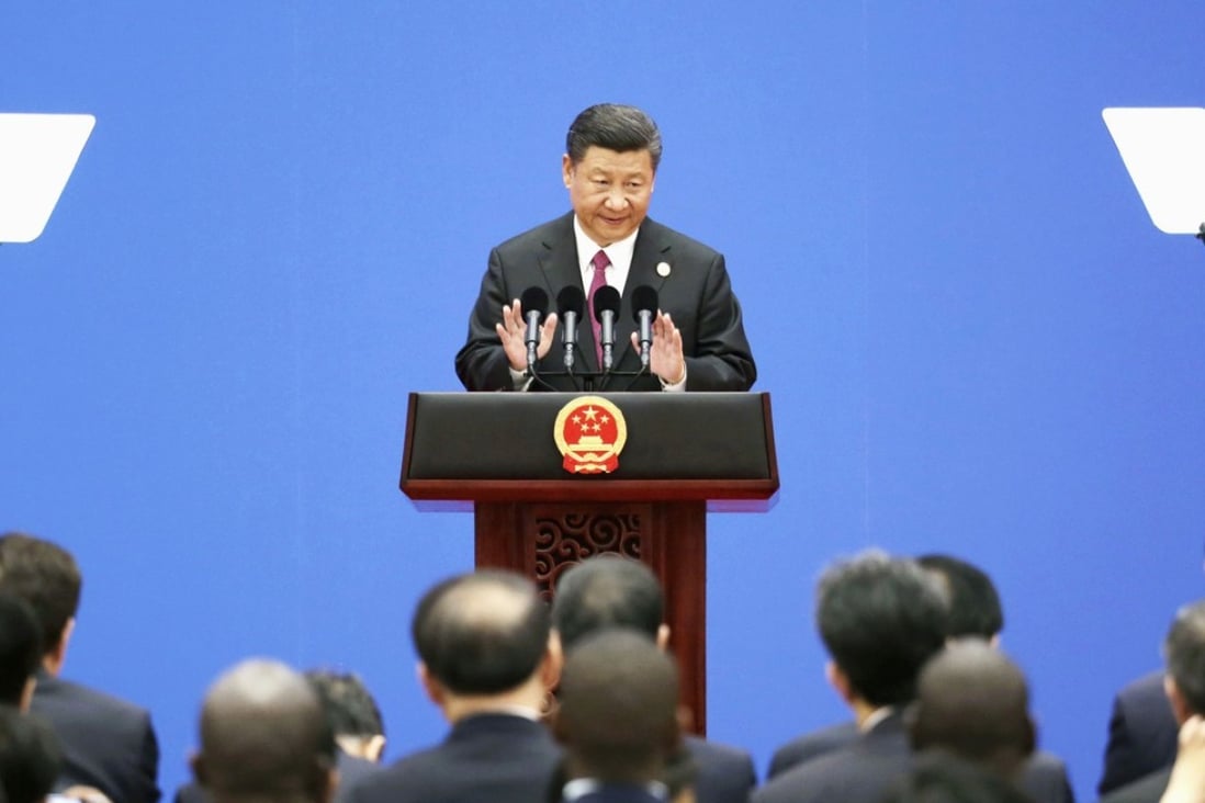 President Xi Jinping holds a press conference after a summit at the Belt and Road Forum for International Cooperation in Beijing in May. Xi said his initiative to develop economic links along the ancient Silk Road and beyond will help rebalance globalisation. Photo: Kyodo