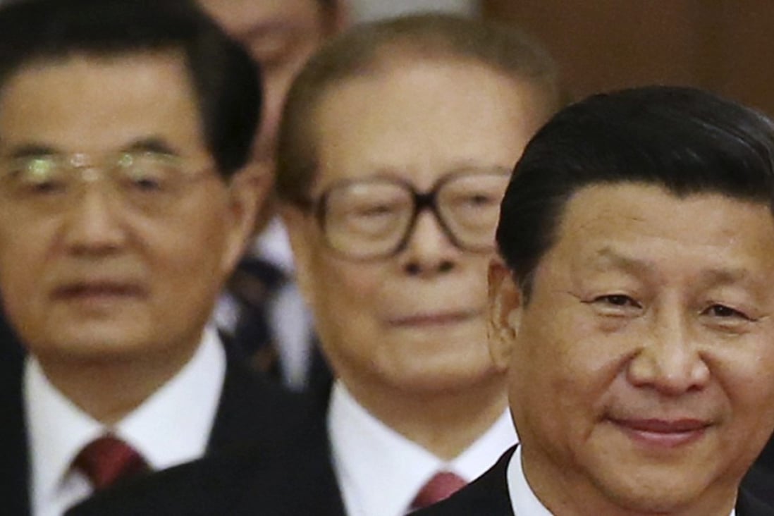 Communist Party general secretary Xi Jinping (right) leads predecessors Hu Jintao (left) and Jiang Zemin into a National Day Reception at the Great Hall of the People in Beijing in September 2014, on the eve of the 65th anniversary of the founding of People's Republic of China. Photo: Reuters