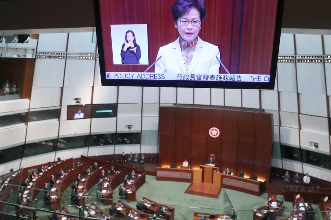 Hong Kong Chief Executive Carrie Lam Cheng Yuet-ngor delivers her policy address in Legco. Photo: K. Y. Cheng