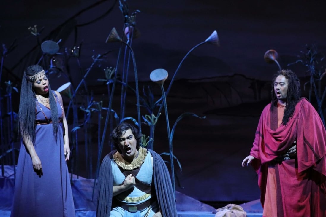 Soprano Kristin Lewis (left) as Aida, tenor Najimiddin Mavlyanov (centre) as Radames, and Sun Li (baritone) as Amonasro in a scene from Act 3 of Opera Hong Kong’s production of Verdi’s Aida. Photo; Opera Hong Kong