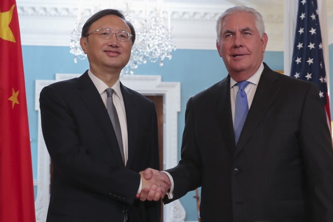 State Councillor Yang Jiechi and US Secretary of State Rex Tillerson in Washington last month. Photo: Xinhua