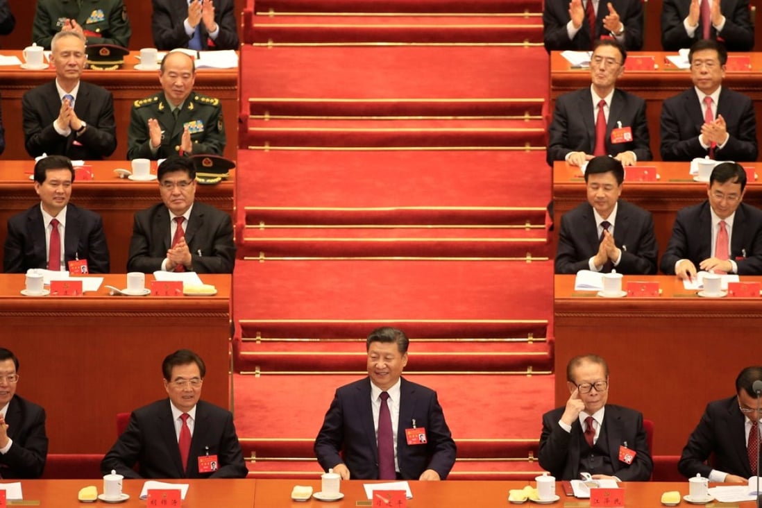 Chinese President Xi Jinping beside Chairman of the Standing Committee of the National People's Congress Zhang Dejiang, former Chinese President Hu Jintao, former President Jiang Zemin and Chinese Premier Li Keqiang during the opening of the 19th National Congress of the Communist Party of China at the Great Hall of the People in Beijing, China on October 18, 2017. Photo: Reuters