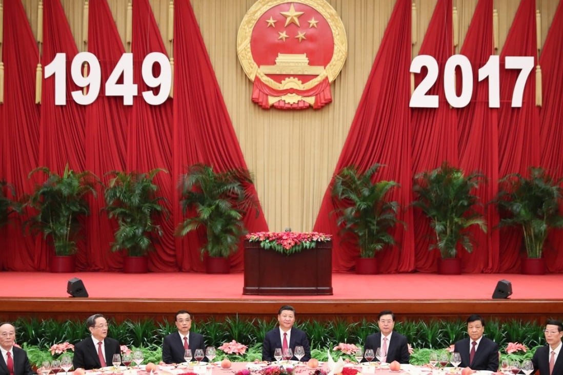 Chinese President Xi Jinping (centre), Premier Li Keqiang (third from left), and other senior leaders attend a reception held by the State Council to celebrate the 68th anniversary of the founding of the People's Republic of China, in Beijing on September 30. Photo: Xinhua