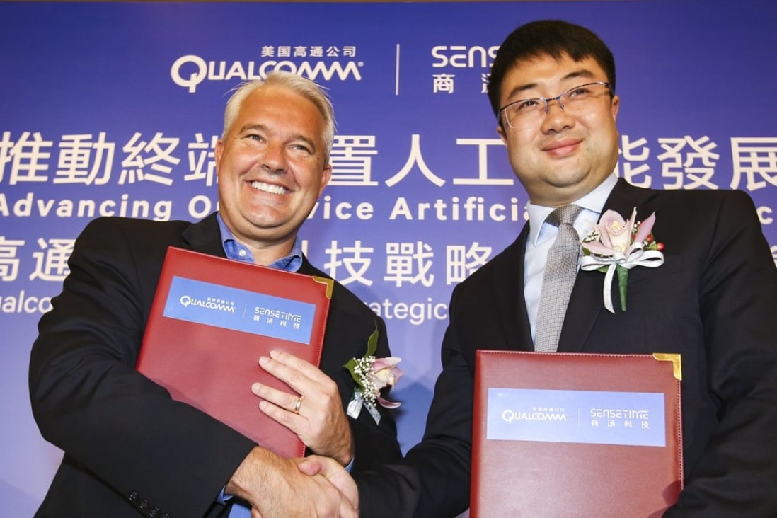Keith Kressin (left), the Senior Vice-President, Product Management, Qualcomm Technology Inc, and Hailong Shang (right), Managing Director of SenseTime HK, at the press briefing on their partnership at the Kerry Hotel in Hung Hom. Photo: David Wong