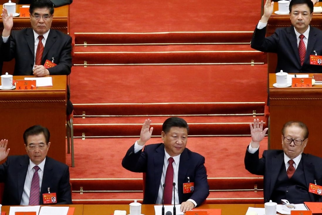 (L to R) Hu Jintao, Xi Jinping and Jiang Zemin at the closing session of the 19th National Congress. Photo: REUTERS