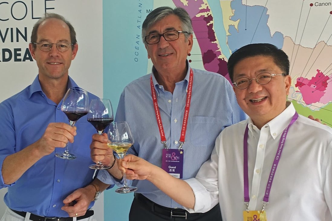 (Left to right) Bordeaux Wine Council president Allan Sichel, Bordeaux deputy mayor Stephan Delaux, and Hong Kong Tourism Board executive director Anthony Lau Chun-hon at this year’s Hong Kong Wine and Dine Festival in Central. Photo: Raymond Yeung