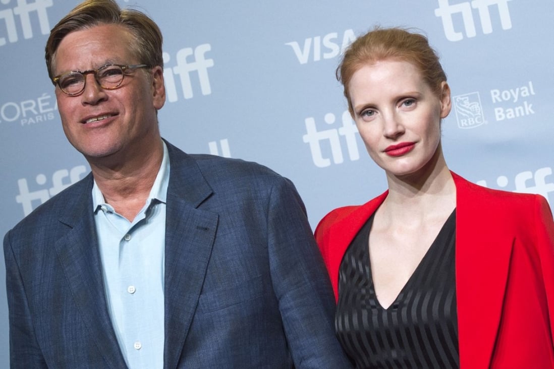 Aaron Sorkin (left) writes and directs Molly's Game (2017), that will also star Jessica Chastain (right). Sorkin detailed how he was asked to write a sex scene for a film involving Nicole Kidman. Photo: AFP