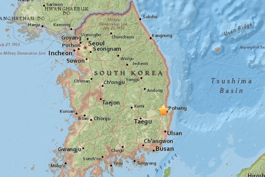 Yonhap news agency said the quake was detected about 6 kilometre north of the southeastern port city of Pohang. Photo: USGS